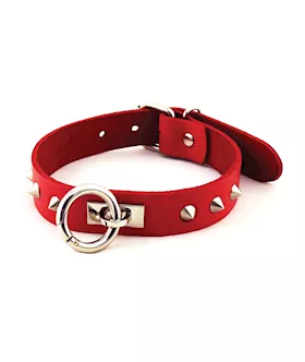 Rouge Leather O Ring Studded Collar - Red