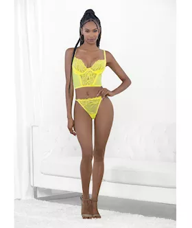 Neon Lace Corset Top W/ring Accent & Panty Neon Lime Sm