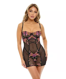 Natty Underwire Fitted Babydoll W/embroidery & G-string  Black/multi Color Xl