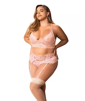 Lace Underwire Bra, Thong & Garterbelt W/lace Up Detail Rose 2x/3x