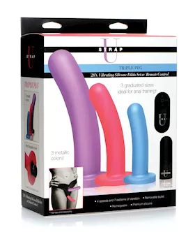 Strap U Triple Peg 28x Vibrating Silicone Dildo Set W/remote - Asst. Colors