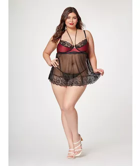 Satin & Lace Halter Demi Cup Babydoll & Thong Black/wine 1x/2x