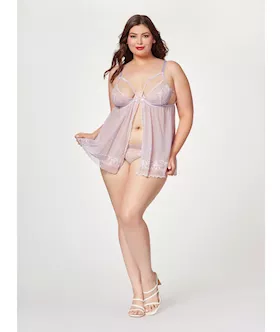 Sheer Mesh & Lace Demi Cup Babydoll & Thong Lavender 3x/4x