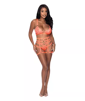 Rude Awakening Bralette, Thigh High Garter & Cheeky Panty Orange S/m