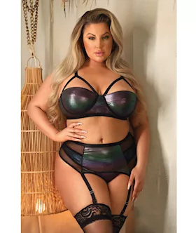 Curve Cassidy Metallic Foil Bra, Garter Belt & Panty Black 1x/2x