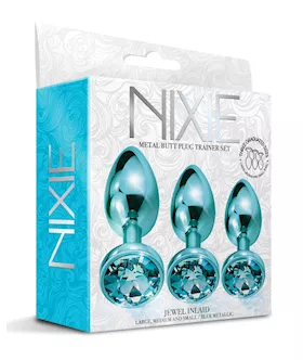 Nixie Metal Butt Plug Trainer Set W/inlaid Jewel - Blue Metallic