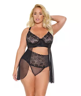 Scallop Stretch Lace & Sheer Mesh Babydoll & High Waist Thong Black 3x/4x