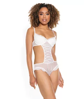 Stretch Mesh Ruffled Crotchless Teddy White Lg
