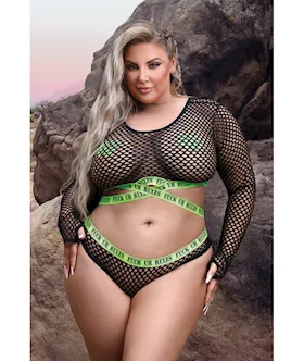 Vibes Fuck Ur Rules Long Sleeve Crop Top, Panty & Pasties Black/green Qn