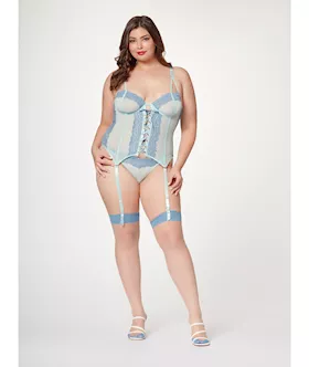 Lace & Mesh Bustier W/lace Up Center, Garter Belt & Thong Blue 1x/2x