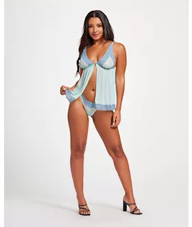 Lace & Mesh Triangle Cup Babydoll & Thong Blue Sm