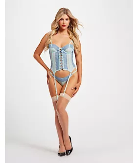 Lace & Mesh Bustier W/lace Up Center, Garter Belt & Thong Blue Sm