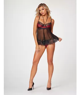 Satin & Lace Halter Demi Cup Babydoll & Thong Black/wine Xl