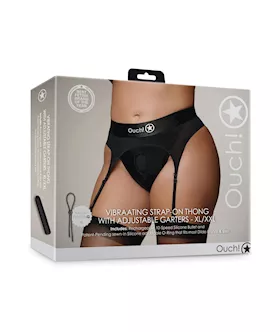 Shots Ouch Vibrating Strap On Thong W/adjustable Garters - Black Xl/xxl