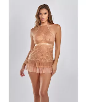 Amber Halter Lace Babydoll W/tiered Pleated Mesh Skirt Hem & G-string Brown Lg
