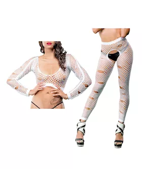 Beverly Hills Naughty Girl Crotchless Mixed Hole Leggings White O/s