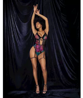 Flower Print Mesh Underwire Teddy W/detachable Garter Straps Multi Color L/xl