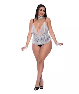 Dress Up Full Service Lace Deep V Teddy W/collar & Wrist Cuffs Black/white Qn