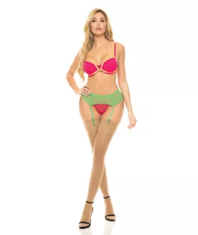 Pink Lipstick Come To Me Bra, Garter Belt & G-string Neon M/l