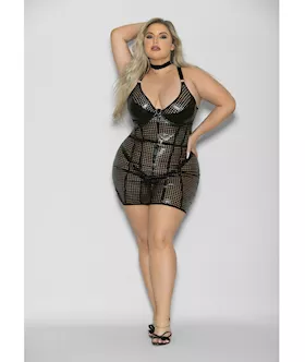 Flame Fetish Mistress Lasercut Lattice Chemise W/choker & Thong Black 1x/2x