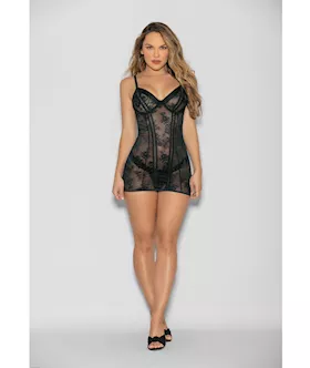 Flame Fetish Boss Lady Lace Up Back Chemise & Wide Band Thong Black Lg