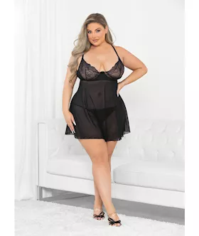 Raised Embroidery Lace Babydoll Black 3x
