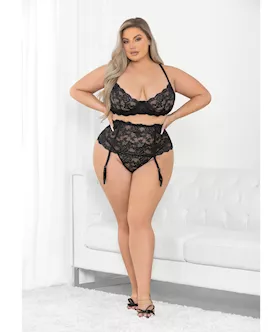 Floral Lace Bra, High Waist Garterbelt & G-string Black 3x