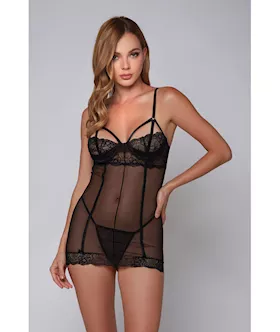 Lea Strappy Lace Chemise & G-string Black 3x