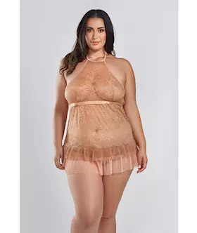 Amber Halter Lace Babydoll W/tiered Pleated Mesh Skirt Hem & G-string Brown 3x