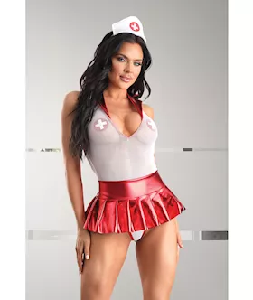 Play Pulse Check Collared Teddy W/open Back, Pleated Skirt, Medic Hat & Pasties Red/white M/l