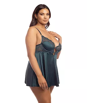 Diana Satin & Lace Babydoll W/ring & Keyhole Detail Reflecting Pond 1x