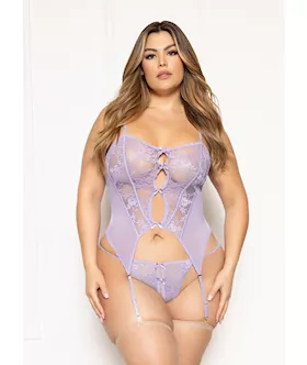 Floral Lace And Mesh Cami W/attached Garters & Thong - Lavender Qn