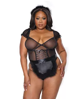 Holiday Mistletoe Maid Stretch Mesh Teddy, Marabou Trimmed Apron & Headband Black Os/xl