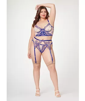 Sheer Stretch Mesh W/floral Contrast Embroidery Bustier, Garter Belt & Thong Blue/nude 1x/2x