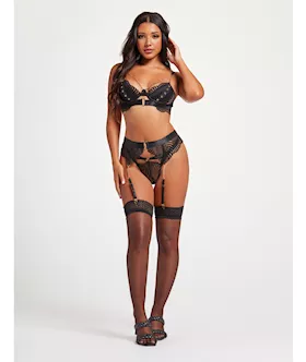 Scalloped Lace Bra W/gold Chain, Garter Belt & Thong Black Xl
