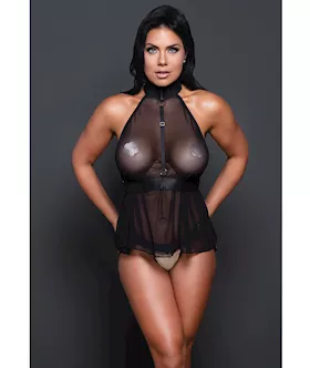 Adore Be My Baby Sheer Mesh Harness Babydoll & Open Panty Black O/s