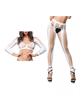 Beverly Hills Naughty Girl Crotchless All Over Straps Mesh Leggings White O/s