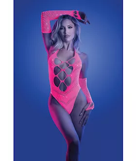 Glow Flashback Black Light Reactive Rhinestone Teddy W/gloves (Or Leg Warmers) - Neon Pink O/s