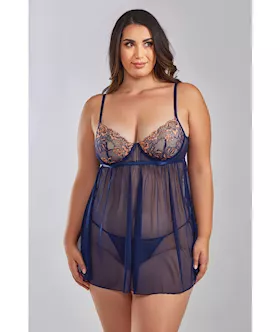 Jennie Cross Dyed Galloon Lace & Mesh Babydoll Navy 1x