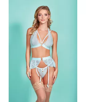 Mercedes Cross Dyed Galloon Lace Strappy Halter Bra, Garter Skirt & G-string Light Blue Xl