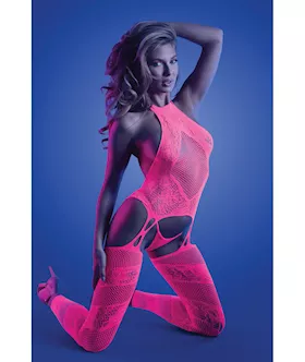 Glow Captivating Halter Bodystocking & G-string Neon Pink O/s