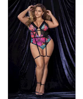 Flower Print Mesh Underwire Teddy W/detachable Garter Straps Multi Color 1x/2x