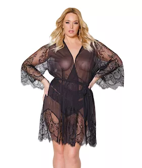 Holiday Eyelash Lace Robe W/bell Sleeves Black Os/xl