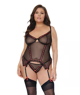 Mesh Underwire Garterbelt Bustier W/g-string Black 1x/2x
