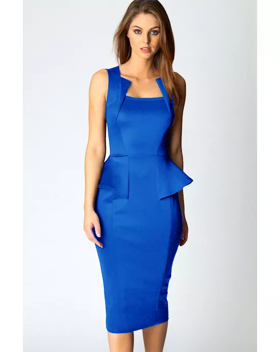 abi neck detail sleeveless midi dress in blue