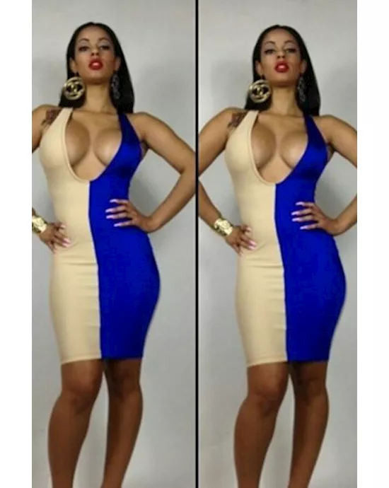 beige blue block plunging neck bodycon dress