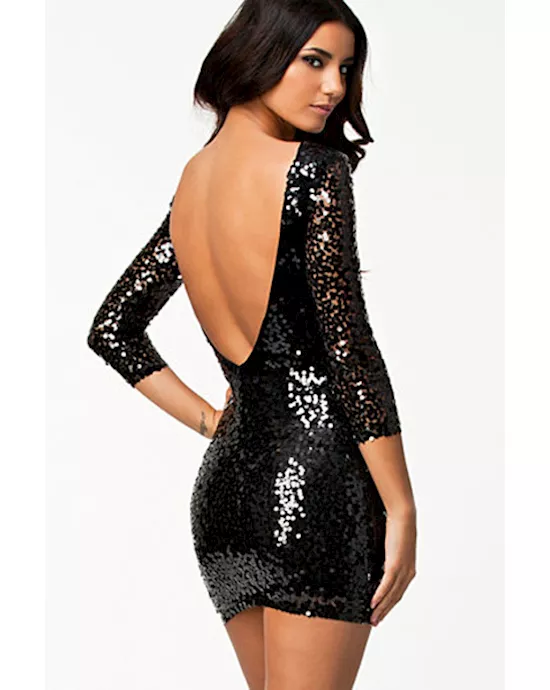 black 3 4 sleeves sequin all over mini dress