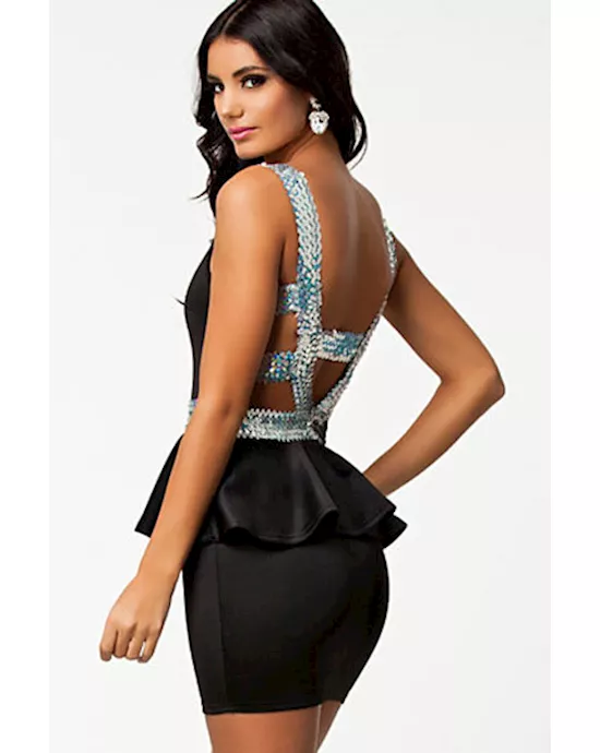 black deep v mesh insert sequin back mini peplum dress