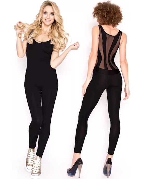 black mesh paneled unitard jumpsuit