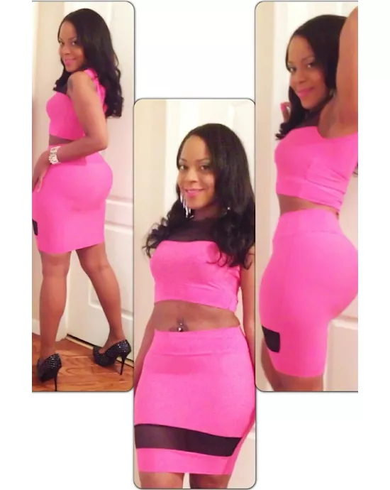 black mesh skintight pink skirt set